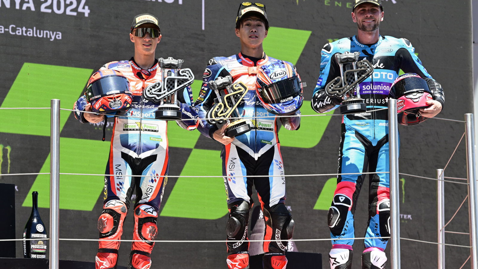 Garcia, Ogura and Dixon on the Moto2 Catalan GP Podium, Barcelona, 2024, 26th May